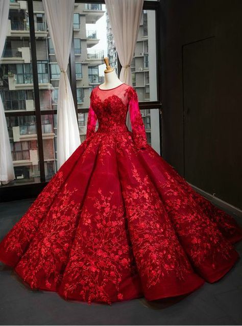 Dark Red Ball Gown, Red Long Sleeve Prom Dress, Prom Dresses Dark Red, Red Ball Gowns, Masquerade Ball Gowns, डिजाइनर कपड़े, Gothic Party, Baju Kahwin, Red Ball Gown