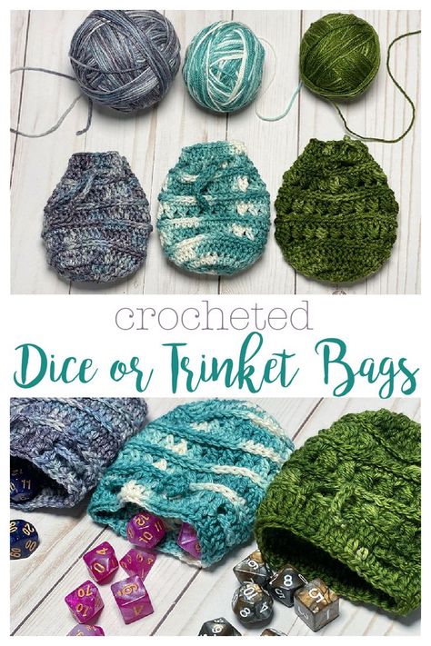 Small crocheted drawstring bags to hold dice, trinkets, or any small items you want. 3 different stitch patterns to choose from. Crochet Polyhedral Dice, Free Crochet Patterns For Small Pouches, Dice Pouch Crochet Pattern, Crochet Drawstring Bag Pattern Free Small, Small Crochet Drawstring Bag, Free Small Crochet Projects, Small And Quick Crochet Projects, Crochet Pouch Free Pattern Drawstring, Small Skein Crochet Projects