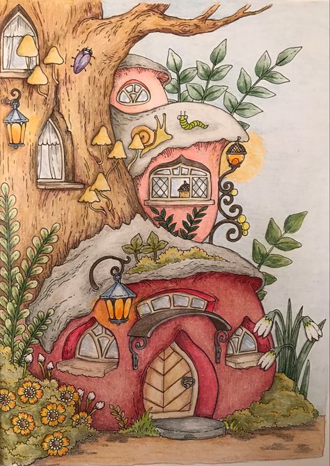 Knome Houses Drawing, House In A Tree Drawing, Fantasy Garden Drawing, Imaginative Drawing Ideas, Fantasy Houses Art Drawings, Fairy House Watercolor, Magic Garden Drawing, Fairy Garden Drawing Ideas, Gnome House Drawing