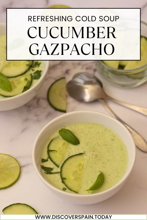 white bowl with cucumber gazpacho and slices of cucumber Cucumber Gazpacho Soup, Cucumber Gazpacho Recipe, Cold Cucumber Soup, Spanish Gazpacho, Cucumber Gazpacho, Spanish Soup, Cold Soups, Cucumber Soup, Gazpacho Soup