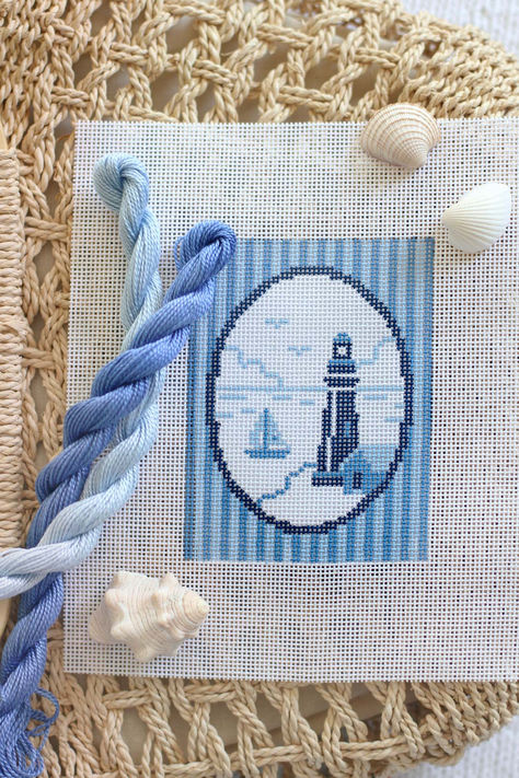 Free needlepoint pattern for beach stitching, Coastal grandma, Nautical, East coast summer stitching, Sailboat, Lighthouse, Chinoiserie, Get the pattern HERE! Free Needlepoint Chart, Free Needlepoint Pattern, Summer Vacation Needlepoint Finishing Idea, Self Finishing, Needlepoint Gift, Free Cross Stitch Pattern, Abigail Cecile needlepoint Coastal Cross Stitch Patterns, Free Needlepoint Patterns Charts, Free Needlepoint Patterns, Needlepoint Patterns Free, Needlepoint Finishing Ideas, Needlepoint Painting, Needlepoint For Beginners, Finishing Needlepoint, East Coast Summer