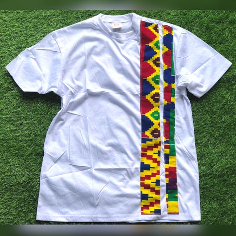 QUALITY TSHIRT DESIGNED WITH KENTE FABRIC. Ankara Tshirt Designs For Men, African Print Tops With Jeans, African Print Shirts For Men, Bold Fashion Outfits, African Kids Clothes, Kitenge Designs, African Print Jumpsuit, Corporate Shirts, Kente Fabric