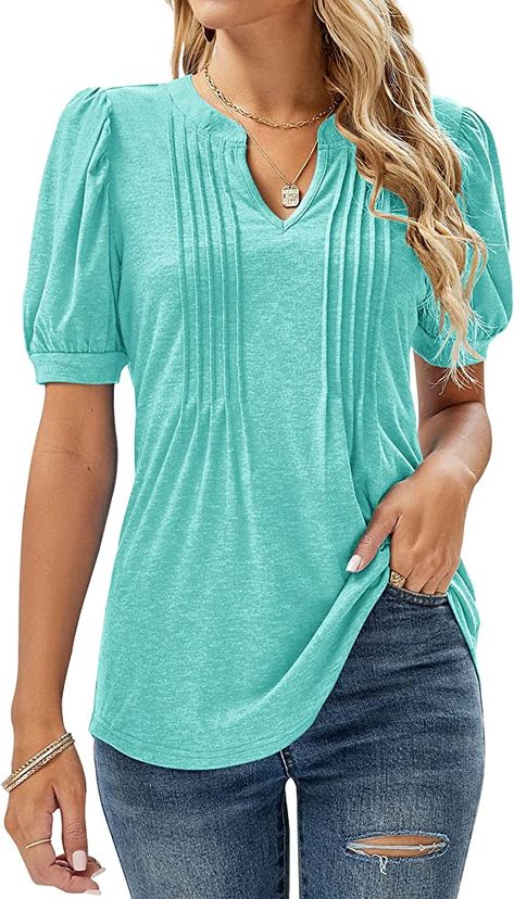 Micoson Womens V Neck Puff Short Sleeve Pleated T Shirts Fashion Summer Tops Casual Tunic Blouse Summer Tops Casual, Pleated Tops, Business Casual Work, Casual Tunics, Bubble Sleeve, Sleeves Clothing, Polo T Shirts, Tops Fashion, Tops Casual