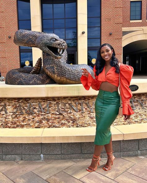 Caitlyn K. Davis 👑 🌐 on Instagram: “What a time to be a Rattler🐍 #FAMUHomecoming 💚🧡 . Outfit Linked In Bio “Cait The Great Outfits”” The Great Outfits, Famu Homecoming, Hoco Outfit Ideas, Female Leaders, Grad Pic, Homecoming Outfits, December 1st, Great Outfits, Nice Leather