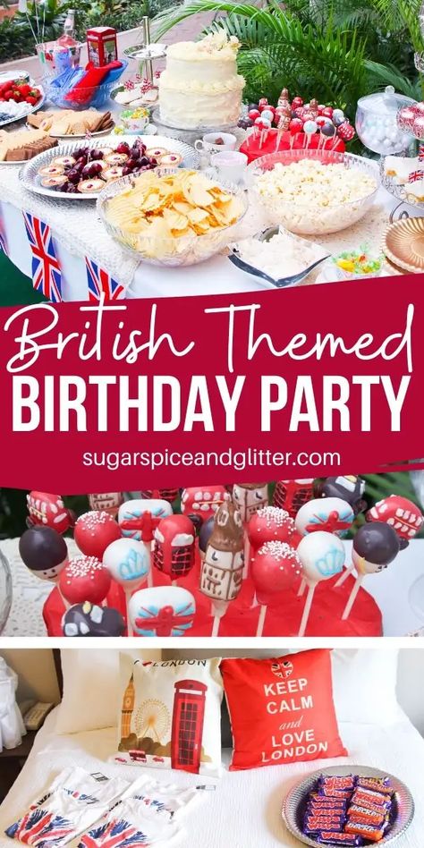 English Party Theme, London Party Ideas, British Party Outfit, English Themed Party Food, British Themed Party Food, Coronation Recipes, Jubilee Food, Coronation Party Ideas, Royal Themed Birthday Party