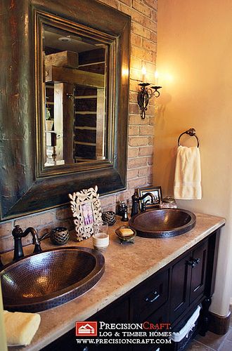 Master Bathroom Countertop & Sinks | Hybrid Log & Timber Home | Flickr - Photo Sharing! Book Carving, Baie Vintage, Restroom Renovation, Rustic Cabinets, Casa Country, Bath Sinks, Casa Vintage, Bathroom Photos, Renovation Design