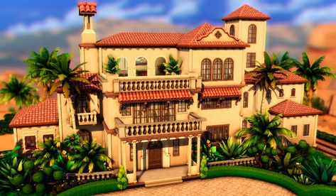 Mod The Sims - NO CC - Mediterranean Mansion Mexican Mansion, Spanish Style Mansion, Sims 4 Base Game, Spanish Mansion, Sims 2 House, Sims 4 Houses Layout, Oasis Springs, Mediterranean Mansion, House Mediterranean