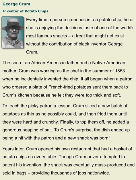 GEORGE CRUM : inventor of Potato Chips (Black-inventor.com) Kindergarten February Activities, George Crum, Kindergarten February, African American Inventors, Poster Boards, History Poster, February Activities, February Activity, Hallway Displays