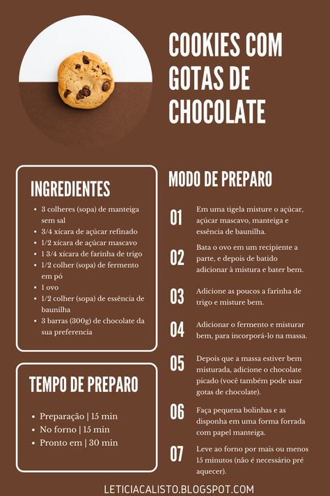 Receita para cookies macios e deliciosos, com gotas de chocolate! Cookies Receita, Recipe Drawing, Chocolate Cookies, Donuts, Breakfast Recipes, Food And Drink, Chef, Cooking Recipes, Yummy Food