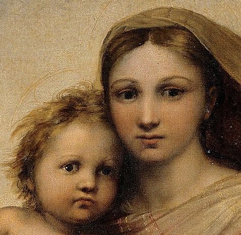 Click on the image to see the detail in a zoomable context.  Detail from The Sistine Madonna, Raphael, 1512-1513 Raphael Angel Art, The Madonna Painting, Raphael Madonna, Raphael Paintings, Sistine Madonna, Bay Area Figurative Movement, Blessed Mother Mary, Italian Painters, Madonna And Child