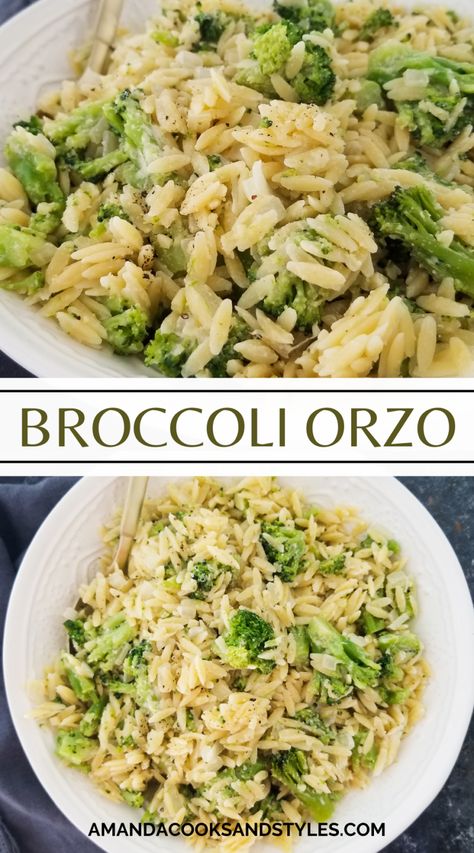 Broccoli Orzo - Amanda Cooks & Styles Broccoli And Rice Recipes Side Dishes, Easy Broccoli Dinner Recipes, Orzo With Broccoli And Cheese, Easy Orzo Pasta Recipes, Dinner Broccoli Recipes, Broccoli Orzo Salad, Orzo Recipes Broccoli, Healthy Vegetarian Side Dishes, Orzo With Veggies