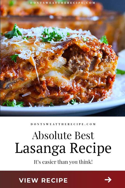 The ultimate lasagna! Three layers of deliciously rich, luscious meat sauce, creamy cheesy ricotta, and perfectly cooked noodles. With a trick to getting a perfect portion cut every time. #Italian #dinner #easy #pasta Best Ever Lasagna Recipe, Authentic Lasagna Recipe, Ultimate Lasagna Recipe, Lasagna Recipe With Ricotta, Vegetarian Lasagna Recipe, Best Lasagna, Best Lasagna Recipe, Italian Meals, Meat Lasagna