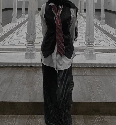 Tie And Button Up Shirt Outfit, Vest Blazer Outfit Hijab, White Button Up With Vest, Tie And Vest Outfit, Vest And Tie Outfit, Red Tie Aesthetic, Vest Outfits Hijab, Plaid Button Up Shirt Outfit, Shirt And Tie Outfits