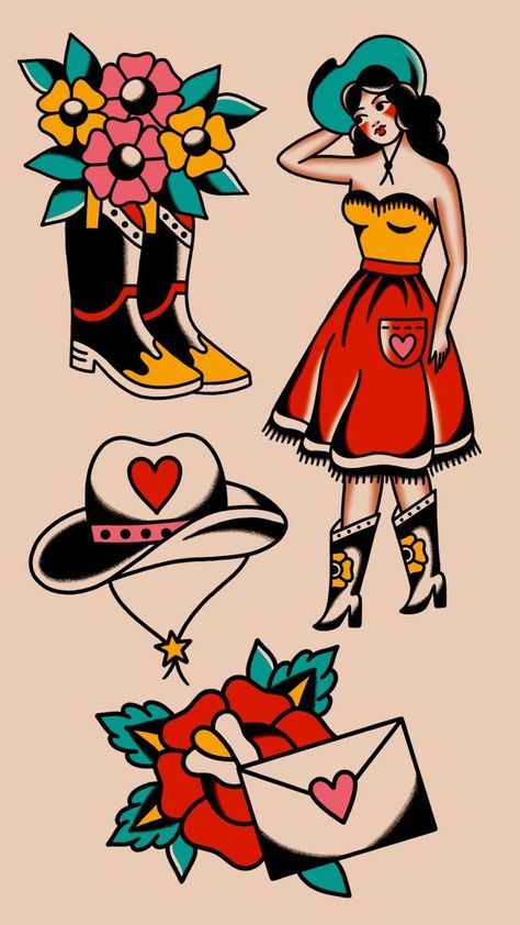 Cowgirl Flash Art, Traditional Cowgirl Tattoo Flash, Valentines Day Traditional Tattoo Flash, American Traditional Valentine Tattoo, Traditional Flash Tattoo Ideas, American Traditional Pinup, Cute American Traditional Tattoo, Girly American Traditional, Girly American Traditional Tattoo Ideas