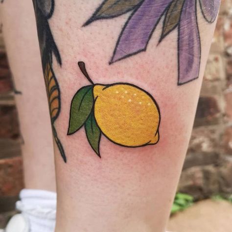 Lemon Trad Tattoo, Neo Trad Small Tattoo, American Traditional Lemon Tattoo, Lemon Tattoo Ideas, Lemon Tattoo Design, Traditional Lemon Tattoo, Traditional Fruit Tattoo, Cutest Tattoos, Lime Tattoo