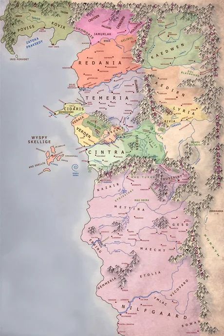 If you ever wondered how map of witcher books universe look like The Witcher 1, Dnd World Map, Imaginary Maps, Fantasy World Map, The Witcher Books, Witcher Art, Fantasy Book Series, Rpg Map, D D Maps