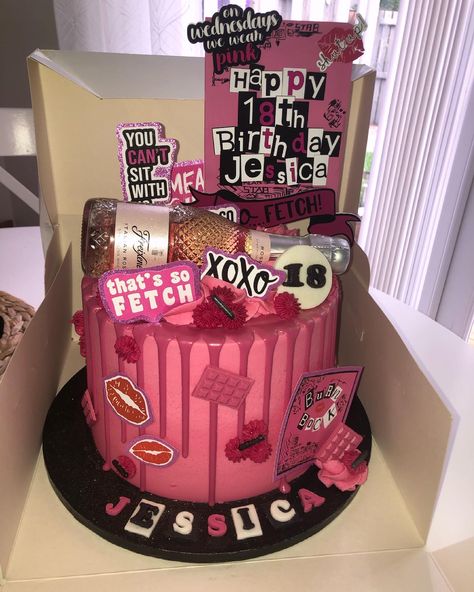 Hot Pink Birthday Decorations Ideas, 19 Birthday Theme Ideas, Sixteenth Birthday Ideas Party Themes, Mean Girls Cake Ideas, Mean Girls Birthday Cake, Burn Book Cake, 2000s Cake Ideas, Black And Pink Birthday Cake, 2000s Birthday Cake