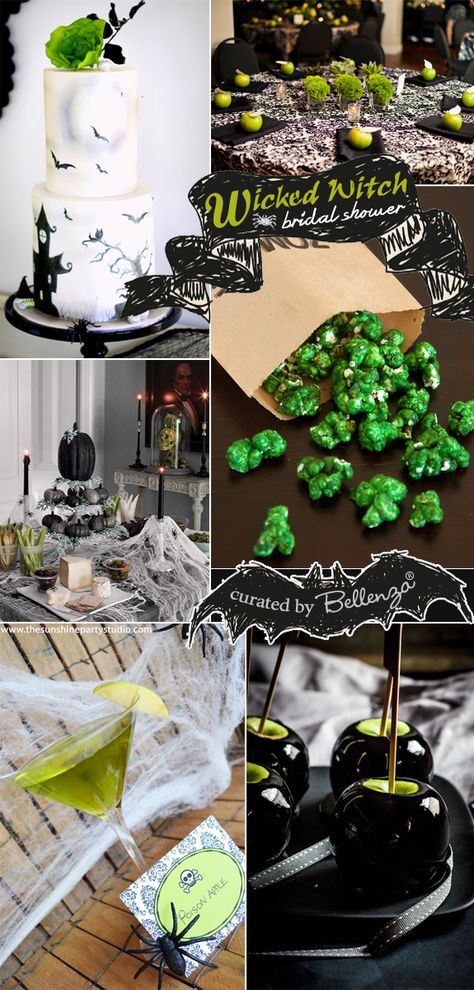 A lime green and black wicked themed bridal shower with a damask table setting, a whimsical cake, and black toffee poison apples! Black Wedding Table Setting, Bridal Shower Food Table, Wicked Birthday, Halloween Bridal Showers, Wicked Party, Whimsical Cake, Ghouls Night, Halloween School Treats, Fairy Halloween Costumes