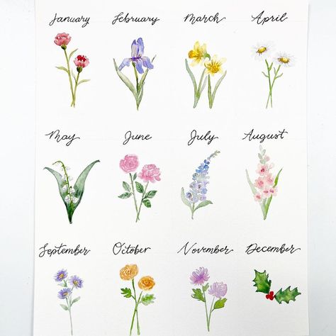 Watercolor Birth Flowers, Watercolor Birth Month Flowers, Mini Watercolor Flowers, Emma Lefebvre, Birth Flower Painting, Birth Month Flower, Birth Cards, Diy Calendar, Christmas Card Art