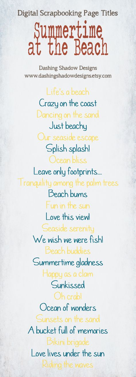 Scrapbook Page Title Ideas - Summertime at the Beach #digital #scrapbook #scrapbooking #title #titles #ideas #digiscrap #summer #beach #ocean #sea Page Title Ideas, Scrapbooking Mini Album, Beach Scrapbook Layouts, Scrapbook Fonts, Title Ideas, Scrapbook Quotes, Scrapbook Titles, Summer Scrapbook, Album Scrapbook