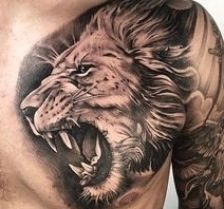 Tiger Tattoo Design Men Chest, Chest To Shoulder Tattoo Men, Male Thigh Tattoo, Chest Lion Tattoo, Lion Chest Tattoo, Thigh Tattoo Men, Tato Flash, Lion Art Tattoo, Wolf Tattoos Men