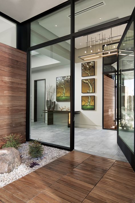 A Vision for Modern Life | Pro Remodeler Glass House Entrance, Modern Home Foyer, House Entrance Outside, House Entryway Design, Exterior Foyer Entrance, Entryway Glass Door, Modern Home Entry, Glass Foyer Entrance, Modern House Entrance Front Entry