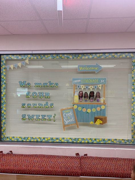 Lemonade Bulletin Board, Lemon Bulletin Board, Summer Bulletin Board, Summer Bulletin Boards, Art Walls, Fresh Lemonade, Lemonade Stand, Speech Therapy, Window Decor