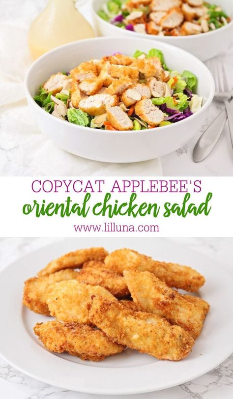 This delicious copycat Applebee's Oriental Chicken Salad is topped with breaded chicken and tossed in a flavorful Asian dressing! #applebeescopycatorientalchickensalad #orientalsalad #applebeescopycat #salad #easysalads Orientalist Chicken Salad, Applebees Orientalist Chicken Salad, Applebees Asian Chicken Salad, Chinese Chicken Salad Dressing, Chicken Salad Dressing, Asian Salad Recipe, Chinese Chicken Salad Recipe, Asian Dressing, Easy Dinner Recipes Crockpot