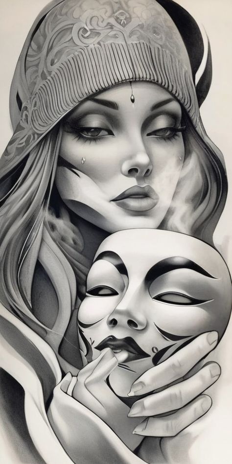 GANGSTER GIRL FACE MASK TATTOO DESIGN Chicano Girl Tattoo Design, Chicana Tattoo Design, Face Mask Tattoo, Chicano Tattoo Design, Payasa Tattoo, Mask Tattoo Design, Gangster Tattoo, Female Warrior Tattoo, Chicanas Tattoo