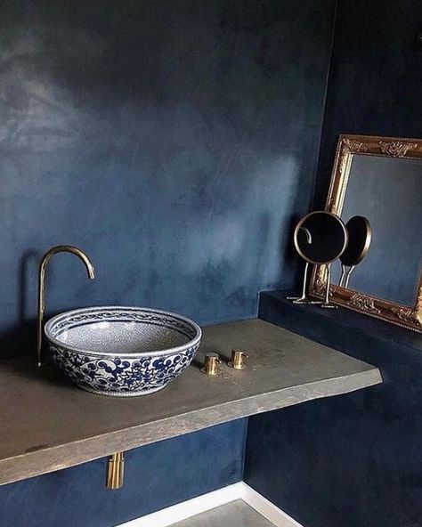 Bathroom in deep and saturated blue complemented by brass details and a hand painted ceramic sink adding a hint of Moroccan luxury. Blue has calming effects on us making it perfect for the spaces we surround ourselves with. This deep blue colour is part of the DETALE universe of DIY products and textures. You can find all the colours, both bouyant and monochrome, at www.detalecphc.com Moroccan Style Bathroom, Moroccan Luxury, Small Bathroom Tile Ideas, Moroccan Bathroom, Luxury Bathroom Sinks, Small Bathroom Tiles, Luxury Bathroom Master Baths, Best Kitchen Design, Bathroom Vanity Designs