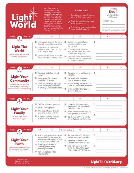 2018 LDS Light the World calendar. Lds Light The World, Acts Of Kindness Advent Calendar, Kindness Advent Calendar, Light The World, Ward Christmas Party, 12 Days Of Xmas, Christmas Service, Homemade Holiday, Acts Of Kindness