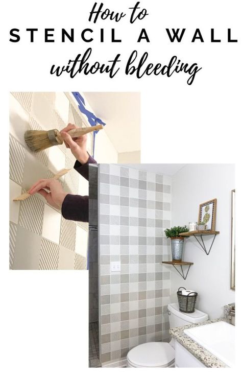 This is one of the easiest " how to stencil a wall tutorials " that includes straightforward instructions on how to stencil a wall without bleeding. See how I used a large wall stencil from stencil revolution to create a lovely stenciled wall in our bathroom. #wallstenciling #howtostencilawall How To Stencil Walls Tutorials, How To Stencil A Wall, Farmhouse Wall Stencil, Paint Stencils For Walls Bathroom, Bathroom Wall Makeover, Small Bathroom Stencil Wall, Wall Stencil Patterns Bathroom Brick, Stenciled Walls Ideas, Floral Wall Paint Stencil