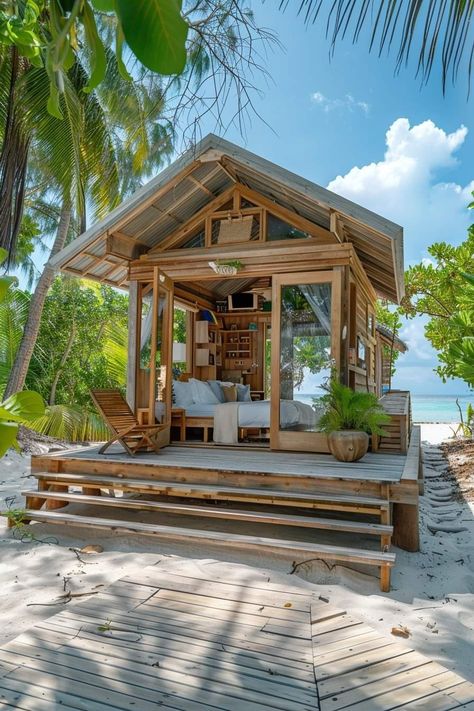 Wood Villa Design, Wooden Bungalow House Design, Beach Shack Floor Plans, Hawaii Shack, Beach Cabana Ideas, Beach Shack Aesthetic, Beach Shack Decor, Beach Shack Exterior, Small Beach Cottages