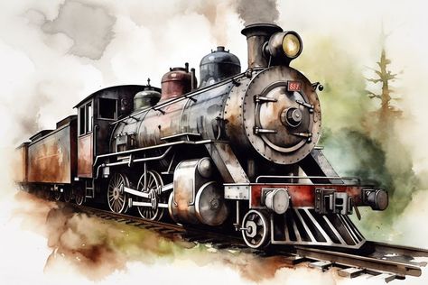 Engine Painting, Train Painting, Train Artwork, Feng Shui Paintings, Vintage Trains, Vintage Transportation, Train Art, Steam Train, Train Engines