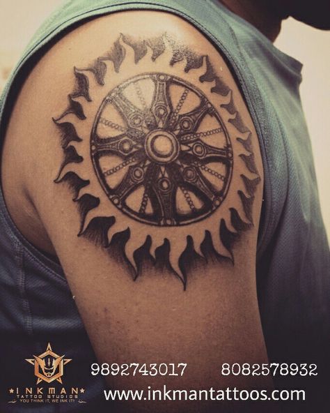 Sun Chakra | Sun Chakras | Black Tattoo | Black Tattoos | Arm Tattoos | Arm Tattoo | Tattoo Shop | Thane | Mumbai | Navi Mumbai | Andheri West | Tattoo School  #tattoo #thane #tattoos #mumbai #rain #andheri #navimumbai #airoli #naupada #armtattoo #sun #chakra #handtattoo #chakras #besttattoos #besttattoo #besttattooartist #toptattooartist #newtattoo #tattoostudio #tattooshop #india #inkmantattoos #wednesday #tattootraining #tattooclass #viviana #korum #hiranandani #mulund Vishnu Tattoo Design, Sudarshan Chakra Tattoo, Mumbai Rain, West Tattoo, Sudarshan Chakra, Tattoo School, Chakra Tattoo, Buddha Tattoo Design, Tattoos Arm