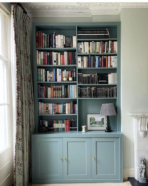 Bookshelves With Cupboards Underneath, Alcove Bookshelf, Alcove Bookcase, Cupboard Bookshelf, Alcove Bookshelves, Wisteria Cottage, Alcove Ideas Living Room, Alcove Ideas, Hallway Cupboards