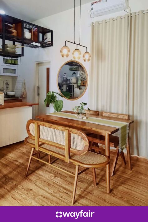 Find us a better dining room setup, we'll wait. With rattan bench seating, statement lighting, and a round wooden mirror, this look can be yours – just in time for a spring refresh. Round Wooden Mirror, Rattan Bench, Table With Bench, Boho Dining Room, Spring Refresh, Shop Home Decor, Inspire Me Home Decor, Statement Lighting, Wooden Mirror