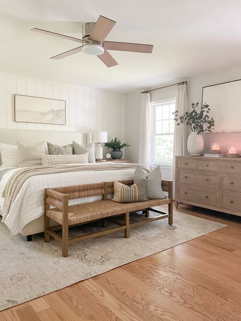 Sherri Calnan, Coastal Neutral, Modern Coastal Bedroom, Dresser Decor Bedroom, Barn Bedrooms, Fluffy Bed, Red Oak Floors, Oak Bedroom, Coastal Bedroom