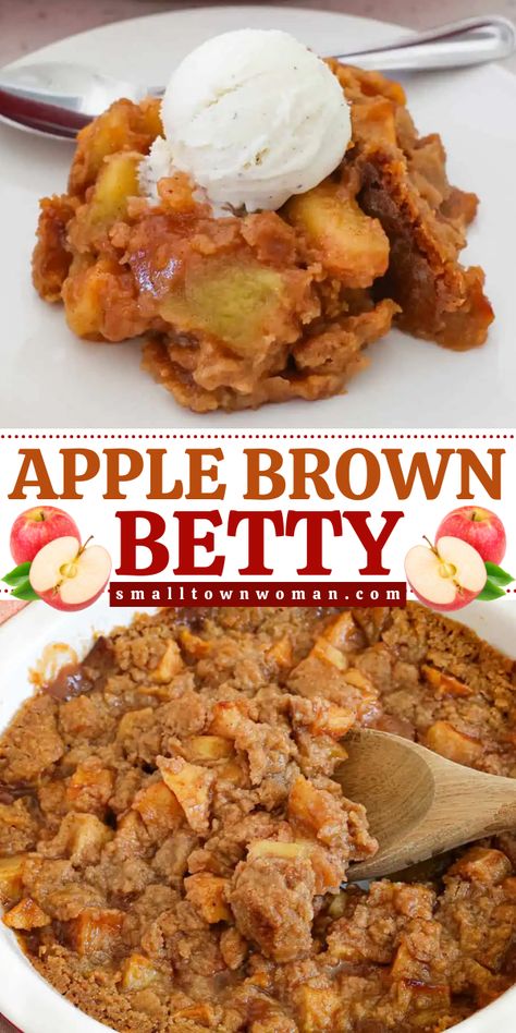 Bake to perfection with this fall food recipe! This Apple Brown Betty recipe features crisp tender slices of apple topped with sweet buttery cinnamon, nutmeg, and clove topping. Served warm and topped with a scoop of vanilla ice cream, and this could be your simple Thanksgiving dessert!! Brown Apple Betty Recipe, Cinnamon Apple Crisp Recipe, Easy Apple Crisp Recipe With Pie Filling, Apple Betty Crisp, Grated Apple Recipes, Brown Betty Dessert, Apple Brownies Recipe, Fresh Apple Recipes Easy 3 Ingredients, Apple Dessert Recipes Easy Simple