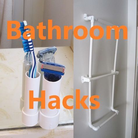 5 PVC Bathroom Life Hacks Pvc Towel Rack, Industrial Shelving Units, Industrial Wall Shelves, Pvc Pipe Projects, Bathroom Hacks, Razor Holder, Room Hacks, Diy Toilet, Pipe Furniture