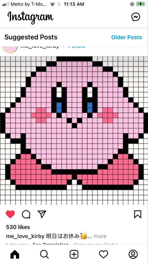 Crochet Kirby Blanket, Kirby Grid Pattern, Kirby Pixel Art Grid, Fun Pixel Art, Kirby Quilt, Kirby Alpha Pattern, Pixel Art Cute Animals, Kirby Perler Bead Patterns, Pixel Kirby