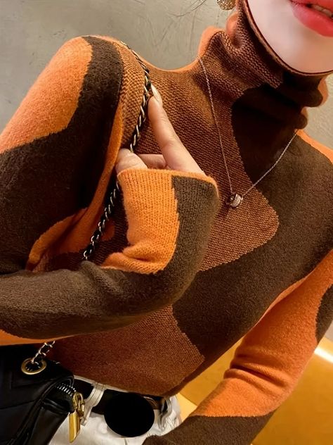 Chic Y2k, Bold Dresses, Y2k Long Sleeve, Orange Sweater, Slim Sweater, Y2k Sweater, High Neck Sweater, Street Style Winter, Long Sleeve Turtleneck