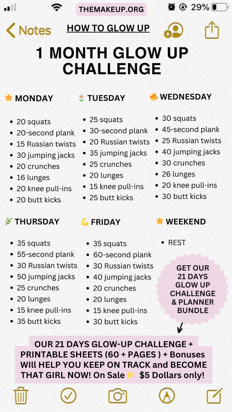 How to glow up: 21 DAYS GLOW-UP CHALLENGE + PRINTABLE SHEETS (60 + PAGES ) + Bonuses Glow Up Planner, Teen Workout Plan, Glow Up Challenge, Bigger Buttocks Workout Exercises, Best Workout Plan, After School Routine, Survival Skills Life Hacks, Workouts For Teens, Workout Routines For Beginners