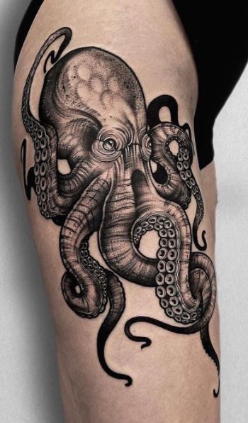 Realistic Octopus Tattoo Design, Octopus Tattoos Neotraditional, Gothic Octopus Tattoo, Kracken Tattoo Design, Octopus Couples Tattoo, Black And Gray Octopus Tattoo, Scary Octopus Tattoo, Cool Octopus Tattoos, Octopus Tattoos Design