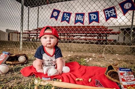 Halfway To One Photoshoot Baseball, Halfway To First Baseball Birthday, Half Way To First Baseball Pictures, Baseball 6 Month Photoshoot, Halfway To First Baby Photoshoot, Half Way To First Birthday Baseball, Baseball Photoshoot, 6 Month Baby Picture Ideas Boy, 2nd Birthday Pictures