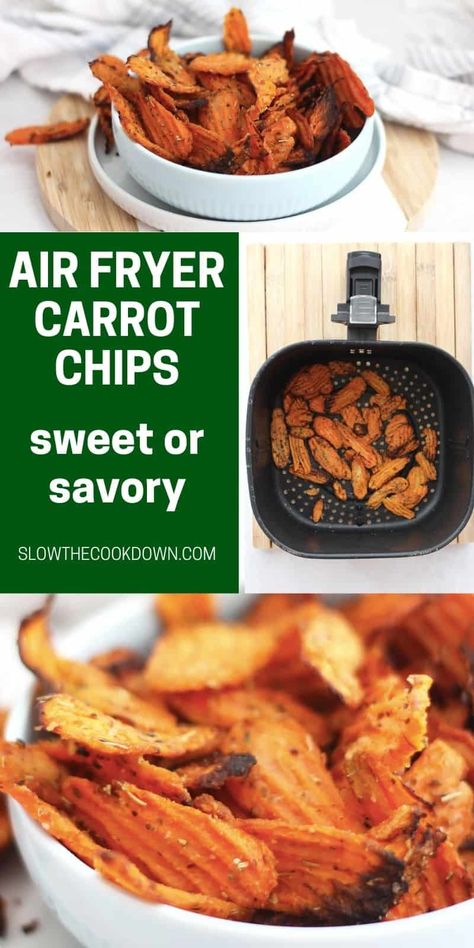 A healthier alternative to fried potato chips, these air fryer carrot chips are easy to make in a matter of minutes. Choose from a savory herb or sweet cinnamon seasoning, the chips are a delicious way to eat your veggies! Healthy Potato Chip Alternatives, Air Fried Carrot Chips, Veggie Chips Air Fryer, Air Fryer Veggie Chips, Air Fryer Carrot Chips, Carrot Chips Air Fryer, E2m Meals, Chips Air Fryer, Histamine Foods