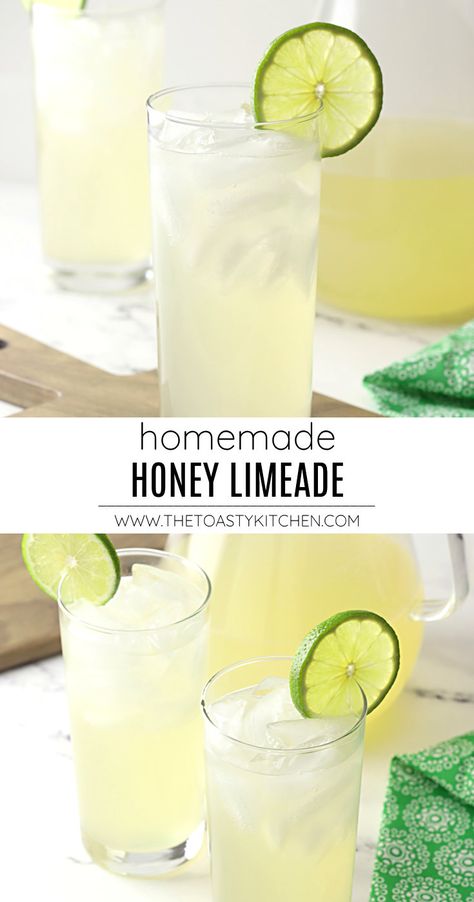 Homemade Honey Limeade recipe - by The Toasty Kitchen #honeylimeade #limeade #homemadelimeade #recipe #nonalcoholic #kidfriendly #summerdrink #springdrink #lime #drinkrecipe #recipe Fresh Limeade Recipe, Lemon Limeade Recipe, Recipes For Picnics, Lime Juice Recipes, Mint Lemonade Recipe, Summer Vegetable Recipes, Summer Fruit Recipes, Limeade Recipe, Honey Lemonade