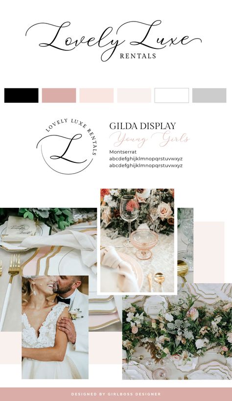 Wedding Planner Color Palette, Elegant Feminine Color Palette, Wedding Website Color Palette, Blush Branding, Luxury Moodboard, Color Palette Graphic Design, Grey Branding, Wedding Planner Brand, Pink Branding