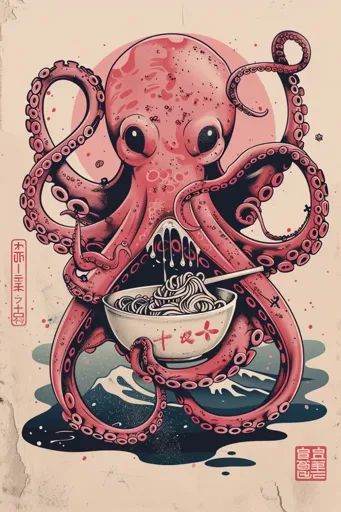 ↑↑↑ Larger size on website 🔸 A pink octopus with large, expressive eyes holds a bowl of noodles with its tentacles. The octopus i 🔸 From Midjourney AI Image Octopus Holding Something, Octopus Graphic Design, Cute Octopus Illustration, Eating Noodles Drawing, Octopus Umbrella, Octopus Cooking, Stylized Background, Ink Reference, Octopus Eating