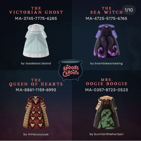 Acnh Ghost Dress, Hazbin Hotel Animal Crossing, Halloween Costumes Acnh, Animal Crossing Costume Design, Acnh Witchy Design Codes, Acnh Witchcore, Ac Outfits, Acnh Halloween, Animal Halloween Costumes